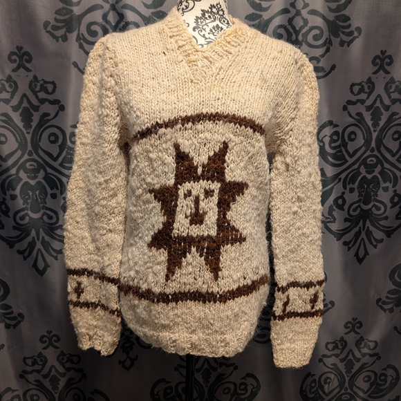 Handmade Other - Vintage Cowichan Natural Wool Hand Knit Sweater Handmade Sun Motif No Tags